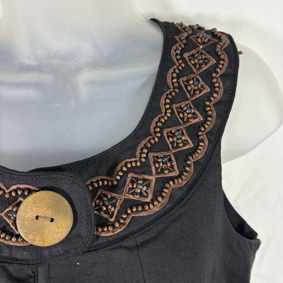 Carole Little Black Linen Dress Size 8 Boho Embroidered Sleeveless Midi Vintage - Picture 4 of 16